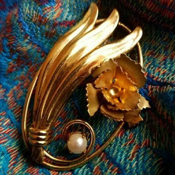 Vintage brooch CarlArt gold fill real pearl pin flower floral - Picture 3 of 6